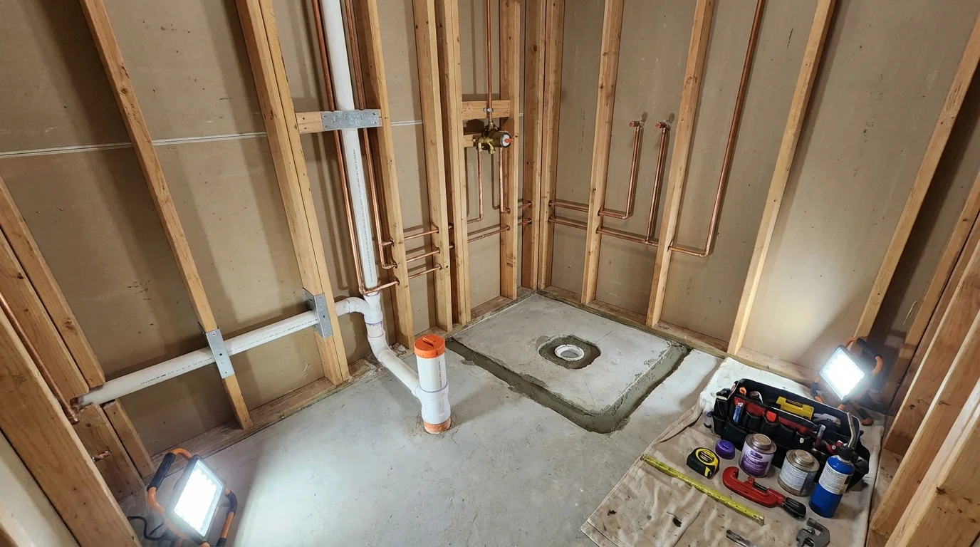 Bathroom rough-in plumbing during remodel by Johns Plumbing LLC in Sainte Genevieve