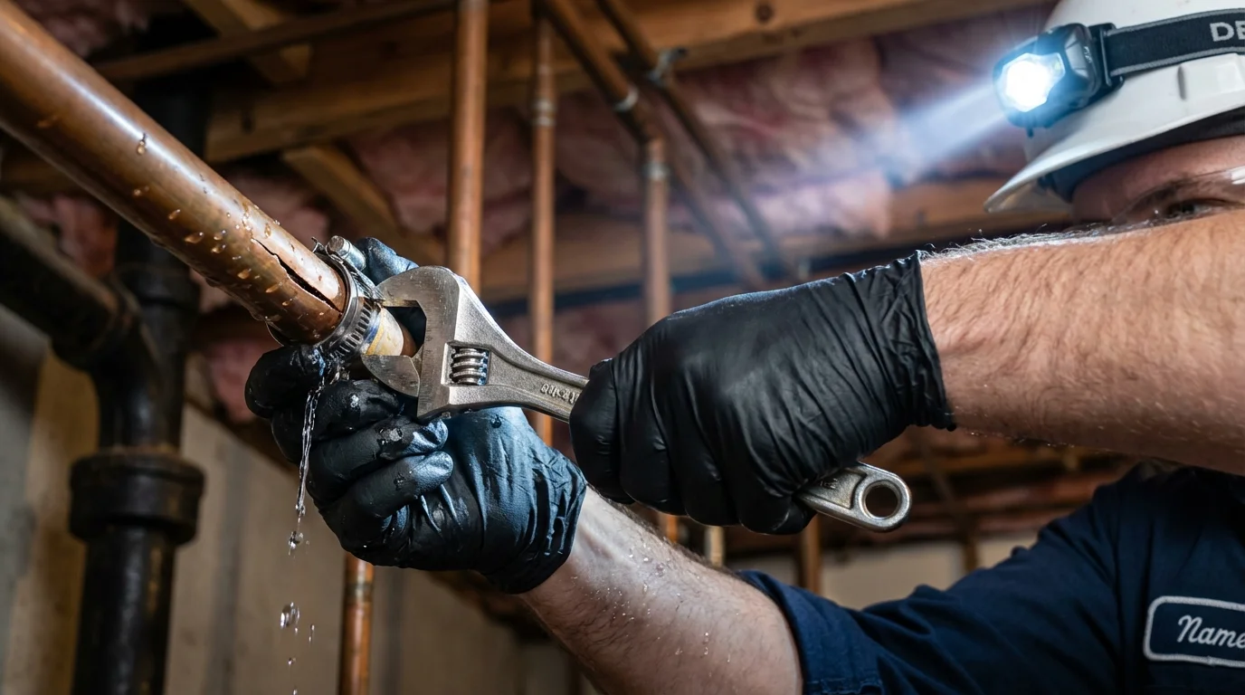 Emergency pipe clamp repair being performed by a Johns Plumbing LLC plumber in Sainte Genevieve