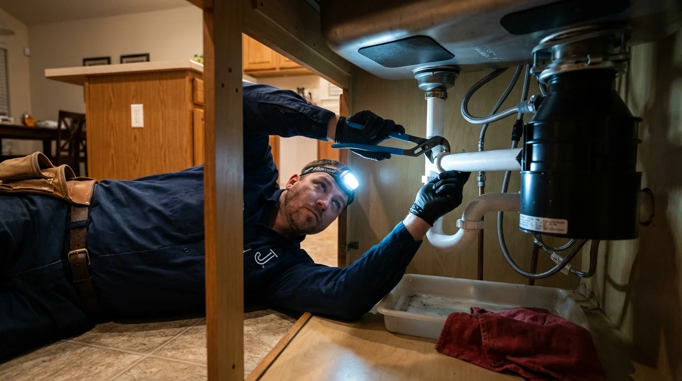 P-trap and supply line connections under a kitchen sink showing a common leak point in Sainte Genevieve, MO